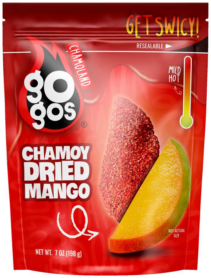GOGOS Dried Mango 7oz pouch, front view with transparent background (no exterior shadow)