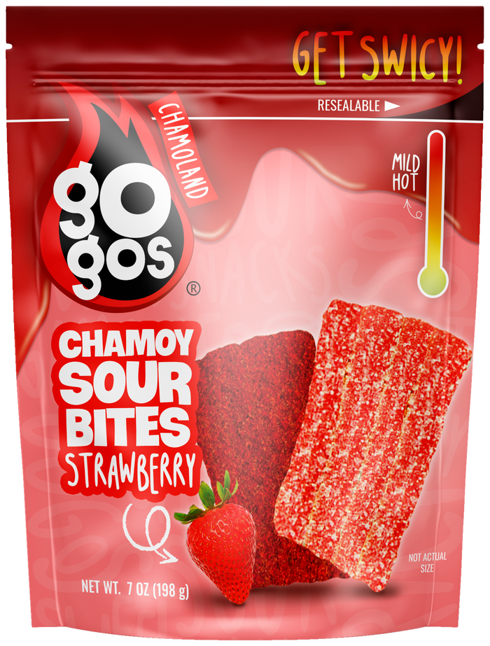 GOGOS Strawberry Sour Bites 7oz pouch, front view with transparent background (no exterior shadow)