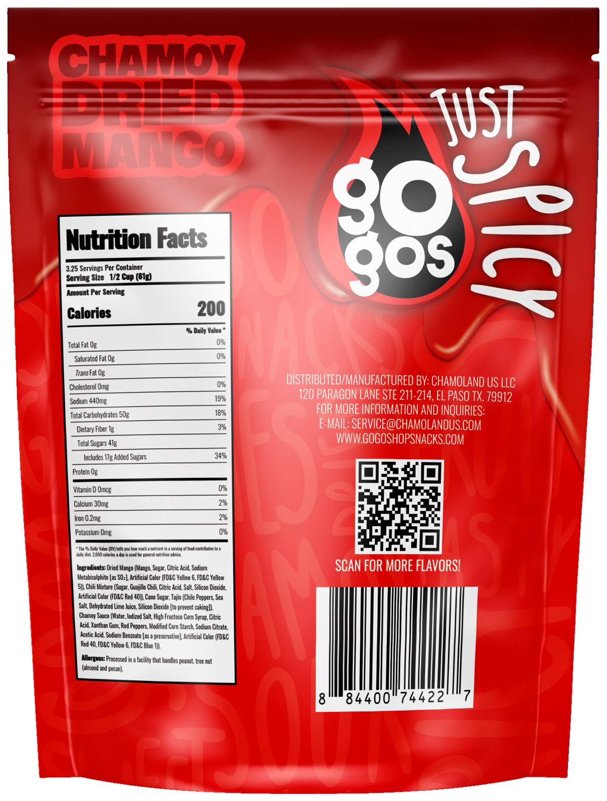 GOGOS Dried Mango 7oz pouch, back view with transparent background (no exterior shadow)
