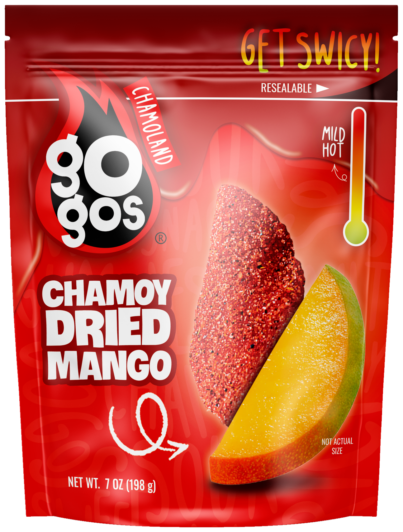 GOGOS Dried Mango 7oz pouch, front view with transparent background (no exterior shadow)