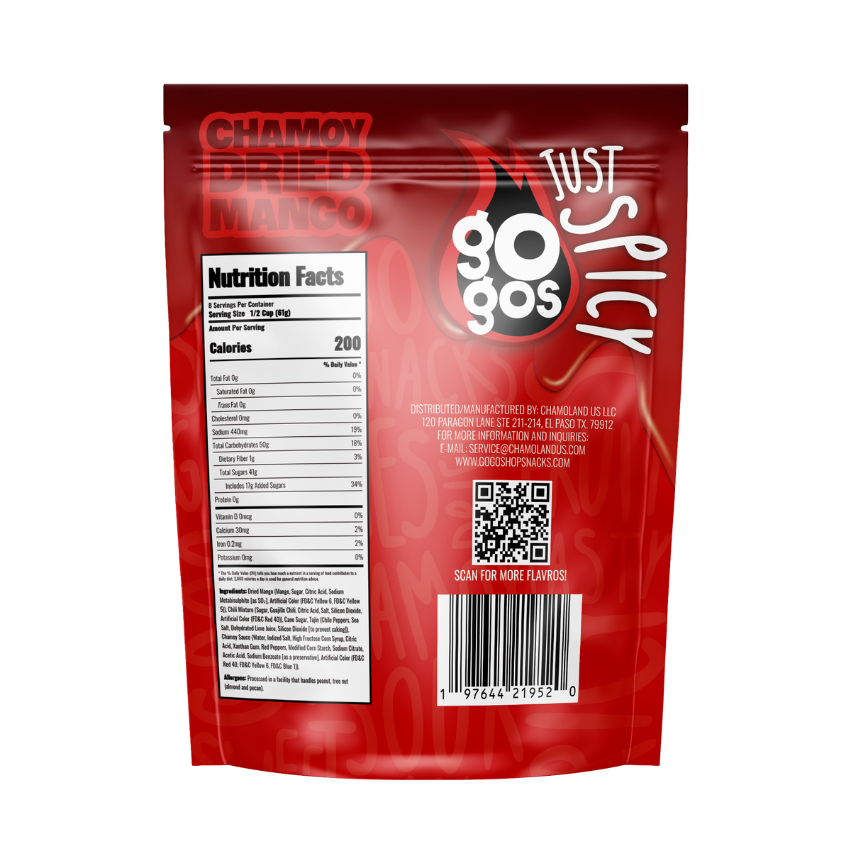 Back of GOGOS Chamoy Dried Mango — Sharing Size 17.6 oz with nutrition facts and ingredients