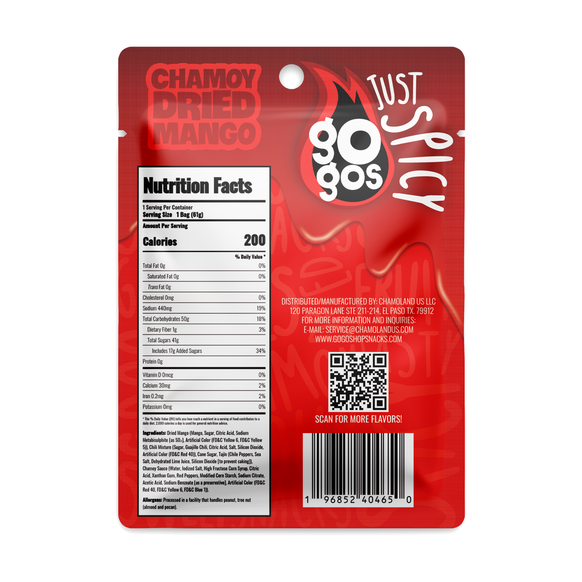 GOGOS Dried Mango Snack Size individual pouch back view