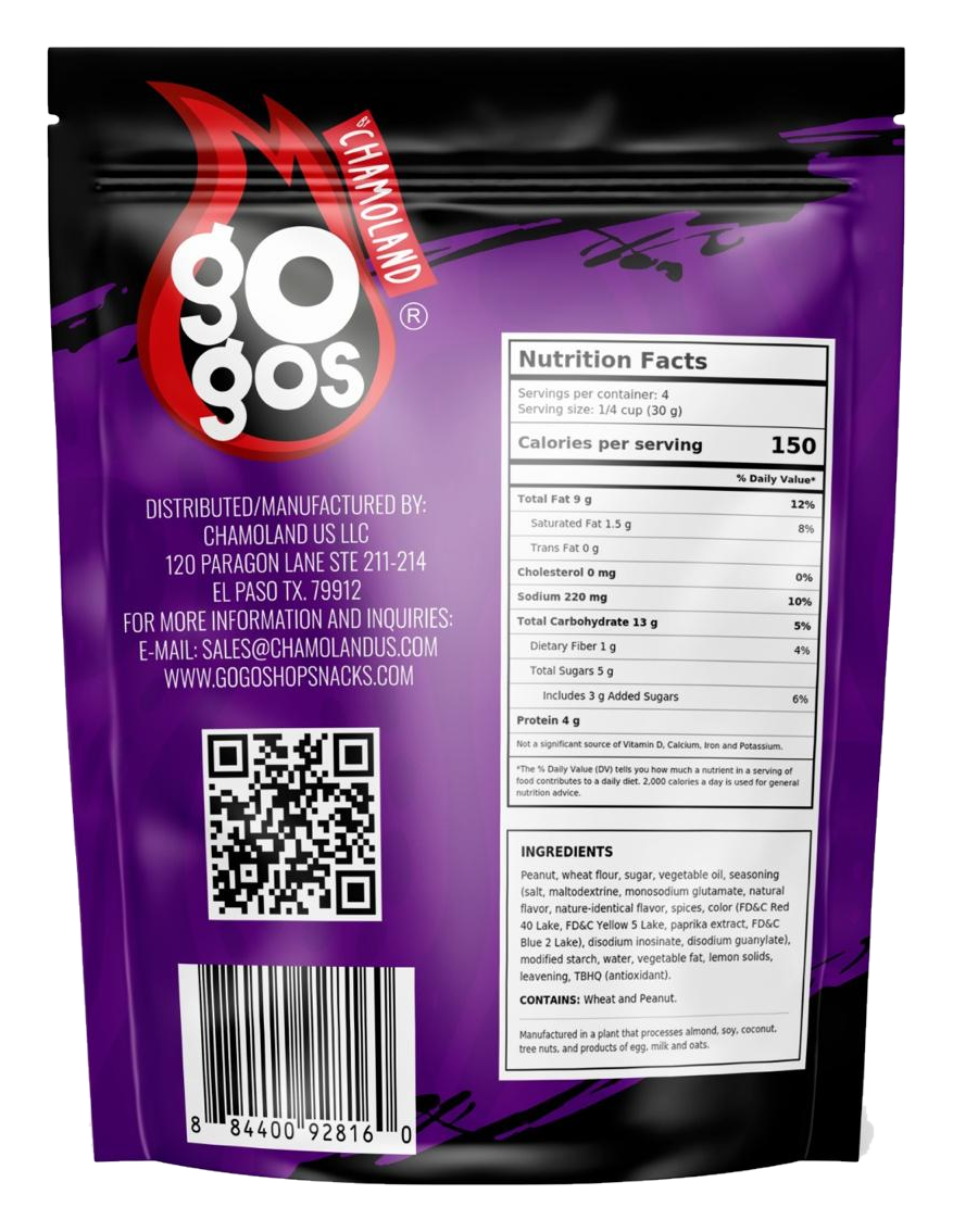 GOGOS Blazin' Hot-Limon Coated Peanuts — 4 oz — back of the pouch with nutrition facts