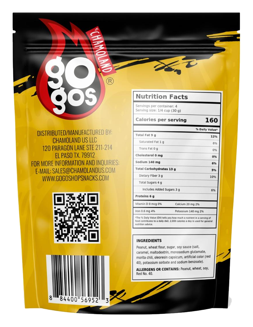 GOGOS Coated Peanuts — 4 oz — back of the pouch with nutrition facts