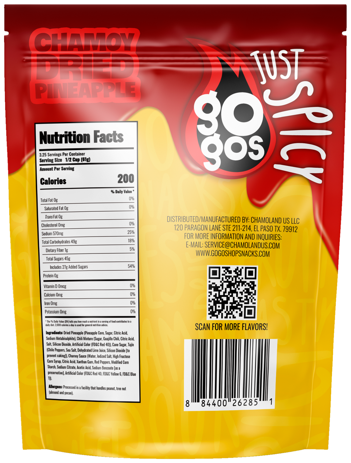 GOGOS Dried Pineapple 7oz pouch, back view with transparent background (no exterior shadow)