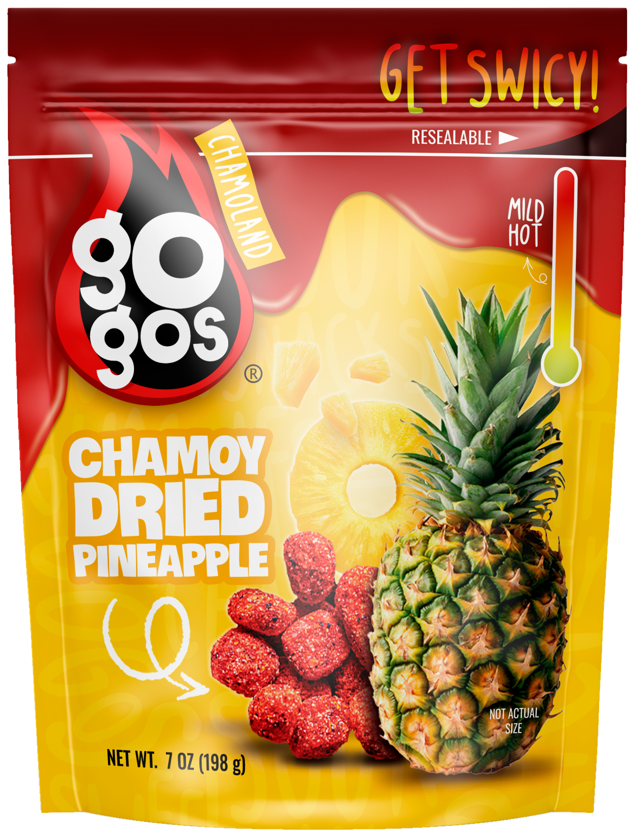 GOGOS Dried Pineapple 7oz pouch, front view with transparent background (no exterior shadow)