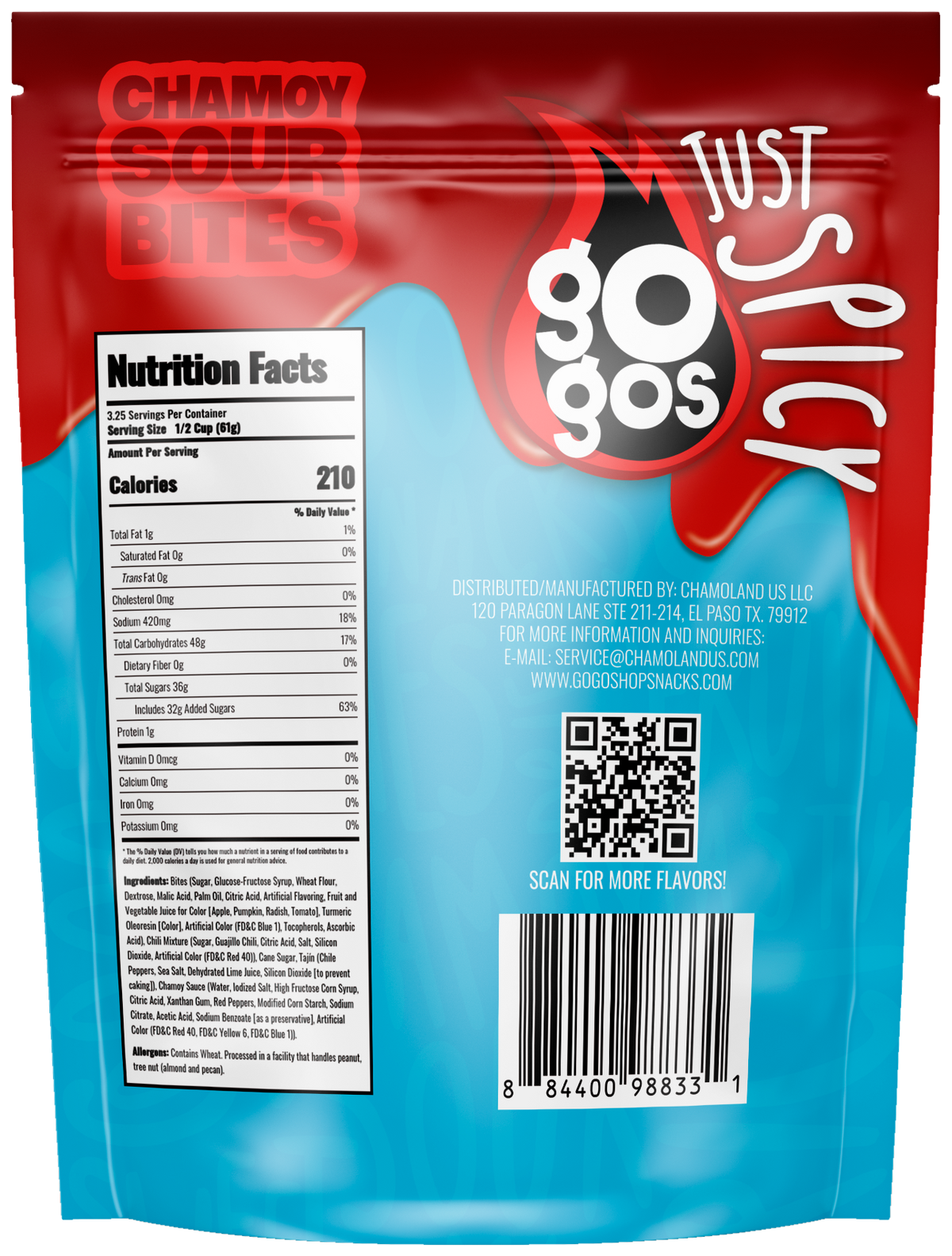 GOGOS Sour Bites 7oz pouch, back view with transparent background (no exterior shadow)