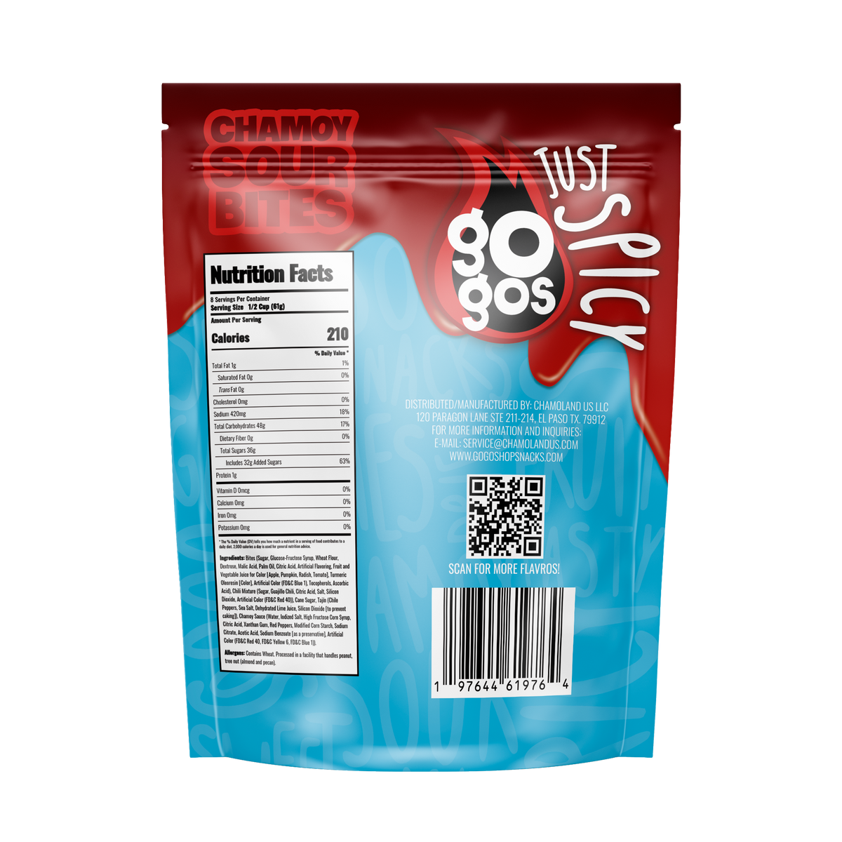 Back of GOGOS Chamoy Sour Bites — Sharing Size 17.6 oz with nutrition facts and ingredients