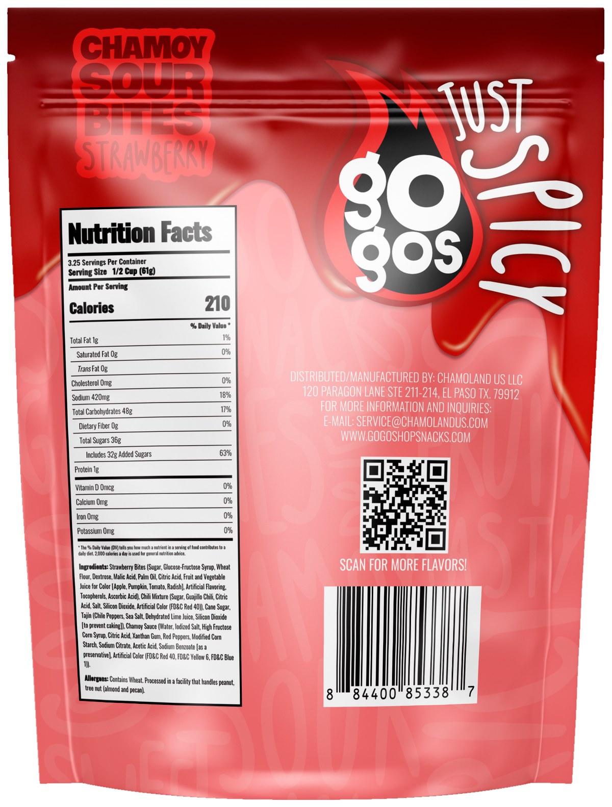 GOGOS Strawberry Sour Bites 7oz pouch, back view with transparent background (no exterior shadow)