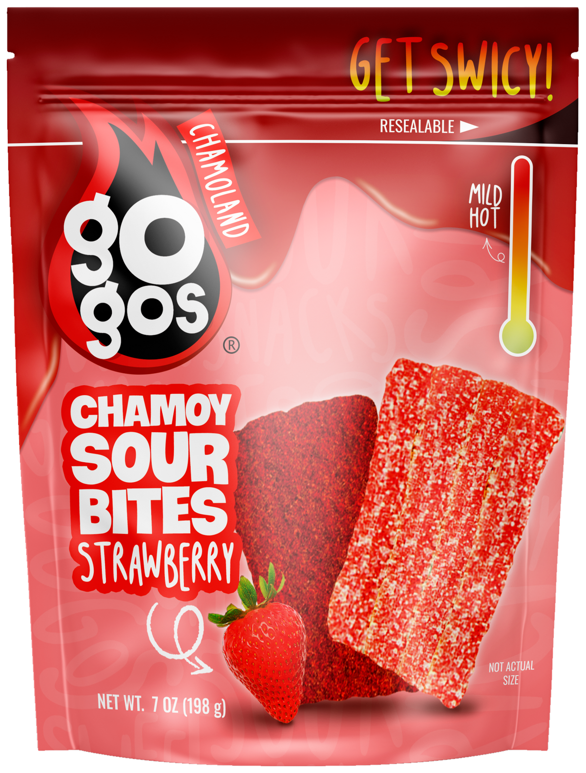 GOGOS Strawberry Sour Bites 7oz pouch, front view with transparent background (no exterior shadow)