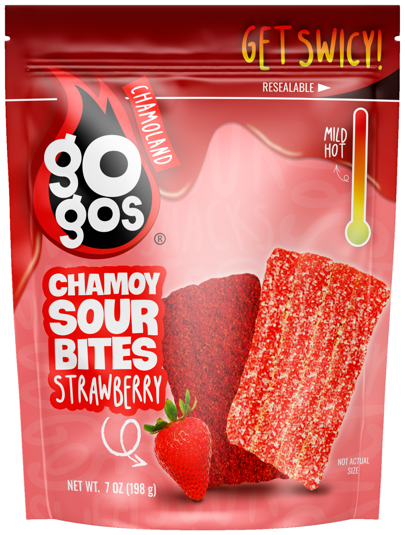 GOGOS Strawberry Sour Bites 7oz pouch, front view with transparent background (no exterior shadow)