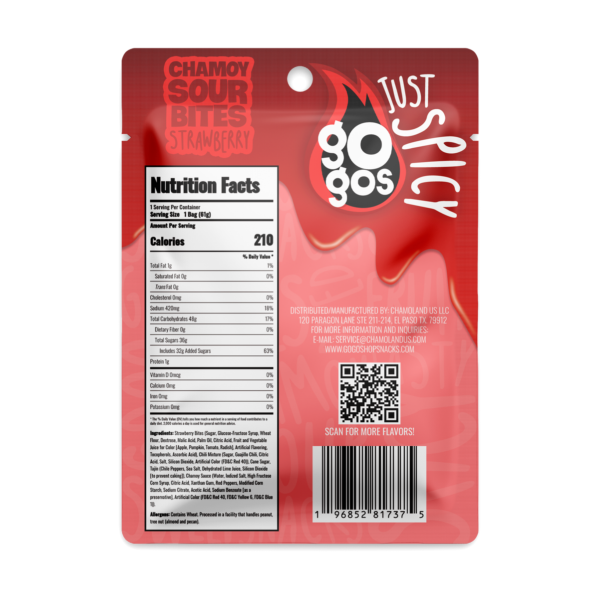 GOGOS Strawberry Sour Bites Snack Size individual pouch back view