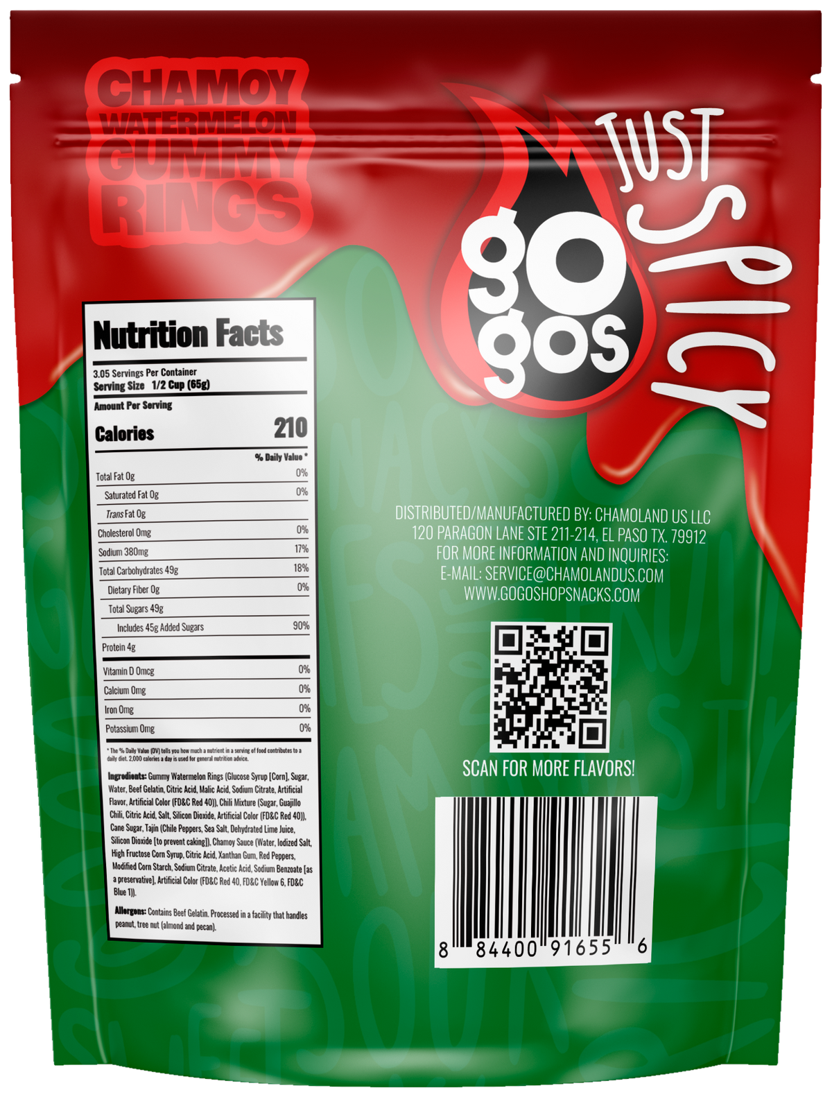 GOGOS Watermelon Gummy Rings 7oz pouch, back view with transparent background (no exterior shadow)