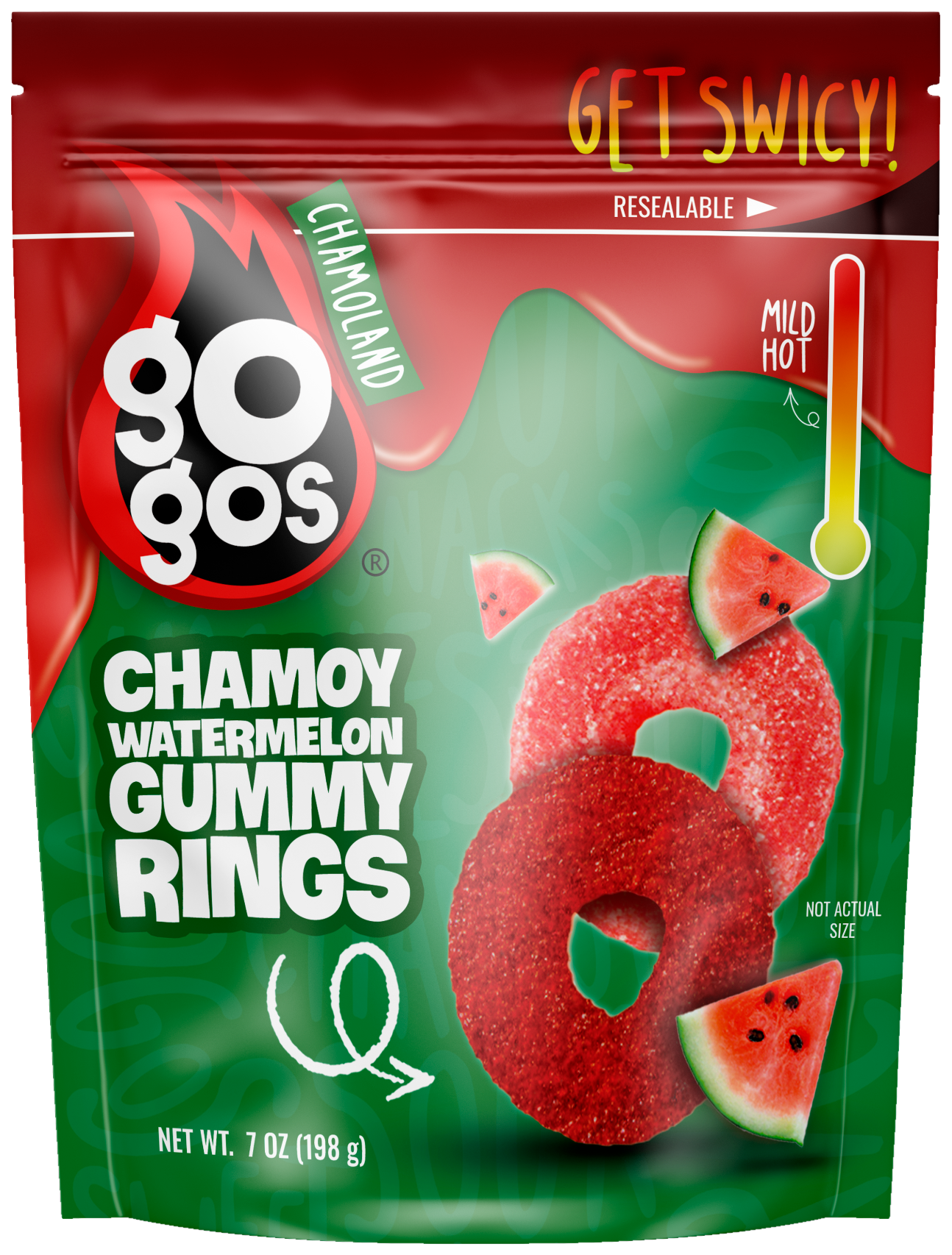 GOGOS Watermelon Gummy Rings 7oz pouch, front view with transparent background (no exterior shadow)