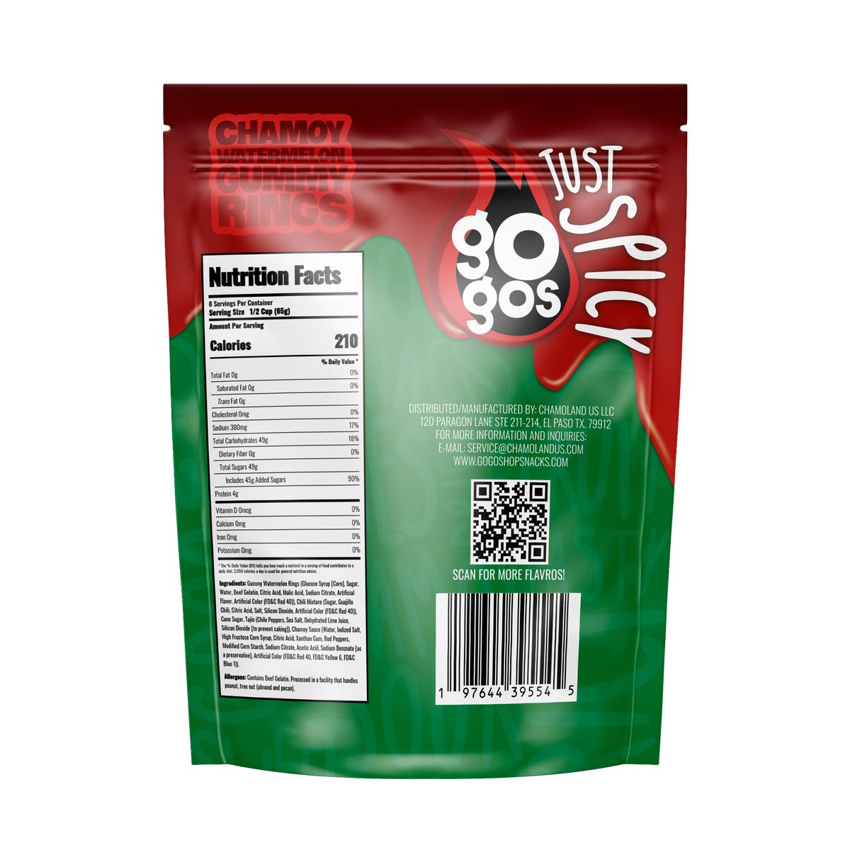 Back of GOGOS Chamoy Watermelon Gummy Rings — Sharing Size 17.6 oz with nutrition facts and ingredients